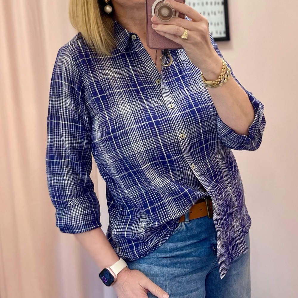 Blue Plaid Women's Crinkle Button Down Top